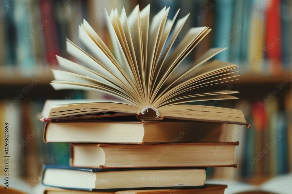 Poster open book with fanned pages sits atop a stack of books in a library, creating an atmosphere of learn