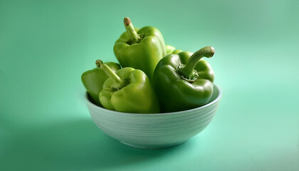 Fresh Green Bell Pepper in a bowl on Light mint green background