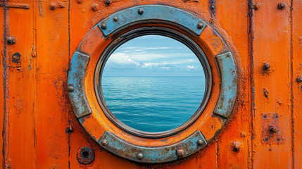 serene ocean view through a round porthole window showcasing the calm and endless sea representing peace solitude and the allure of travel offering a moment of reflection and connection with nature