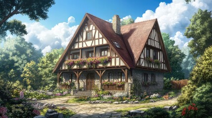 Obraz premium Charming Country House Surrounded by Lush Greenery and Colorful Flowers in a Peaceful Outdoor Setting on a Sunny Day with Blue Sky and Fluffy Clouds