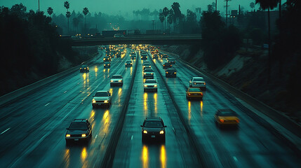 Blurred motion of cars on a busy highway during twilight, symbolizing the fast pace of life,...