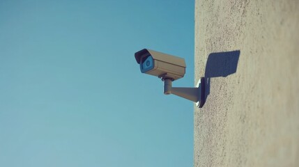 High-Resolution Security Camera Mounted on Wall with Clear Blue Sky Background, Ideal for Concepts of Surveillance, Monitoring, and Safety in Urban Environments
