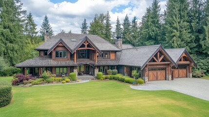 Obraz premium Stunning Luxury Home Surrounded by Lush Greenery and Tall Trees, Featuring Elegant Architecture, Expansive Lawn, and Inviting Entrance in a Peaceful Suburban Setting