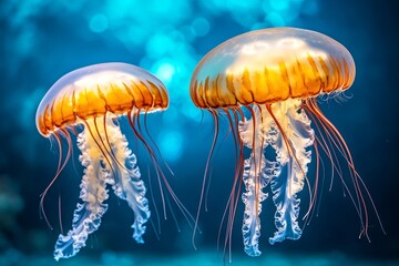 A mesmerizing jellyfish tank with glowing, translucent creatures gracefully floating in soft blue light