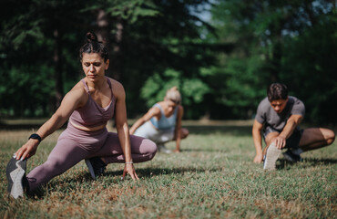 Group of people engaged in a workout session in a park, stretching and practicing calisthenics....