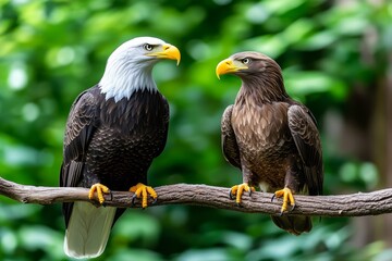 Fototapeta premium A minimalist American eagle perched on a branch, with abstract clouds in the background