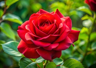 Captivating Portrait of a Velvet Flame Hybrid Tea Rose with Vibrant Red Petals and Lush Green Leaves, Perfectly Showcasing Nature's Beauty and Elegance in Floral Photography