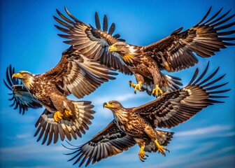 Obraz premium Captivating Portrait of Juvenile Bald Eagles in Flight: A Stunning Display of Nature's Majesty and Freedom in the Wild, Showcasing Their Graceful Movement and Natural Habitat