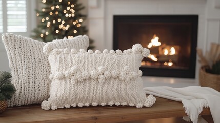 Cozy cream knit pillows by fireplace.