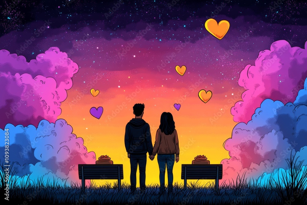 Poster A pixel art scene of a couple holding hands by a glowing pixelated cake, with hearts floating above them