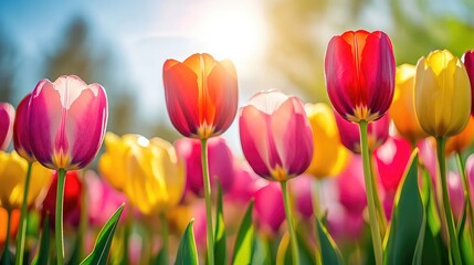 Fototapeta premium Vibrant Spring Tulips in Bloom at Sunrise with Soft Sunlight Creating a Dreamy Atmosphere in a Colorful Flower Garden