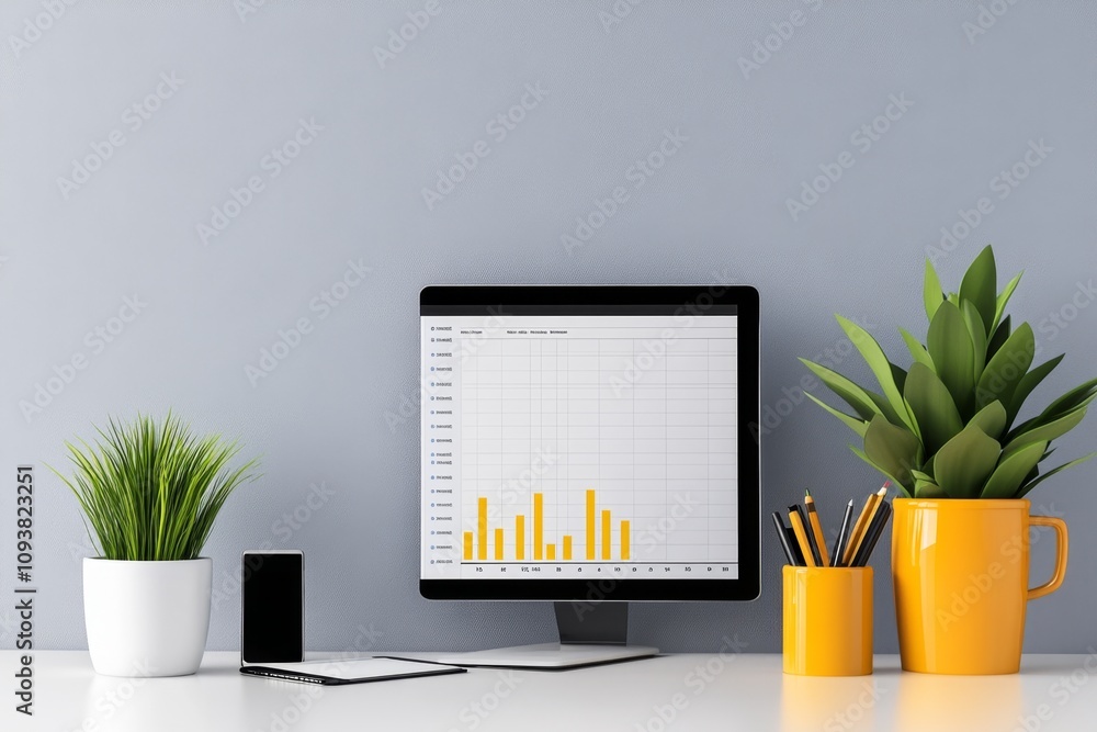 Aufkleber A professional workspace featuring a large monitor showing a Gantt chart and a calendar side by side. The chart includes project milestones and deadlines, with color-coded tasks. The desk is