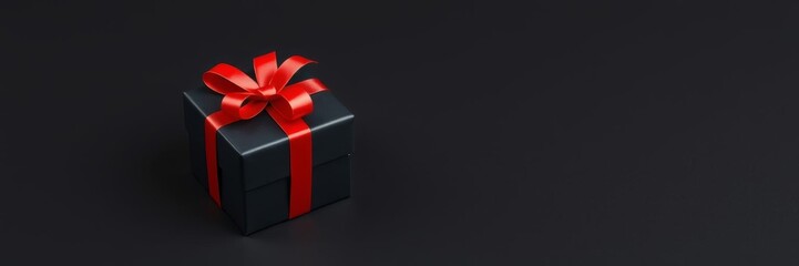 Obraz premium Elegant black gift box with vibrant red ribbon on dark background for celebrations, holidays, special occasions, isolated on white with copy space, black, isolated