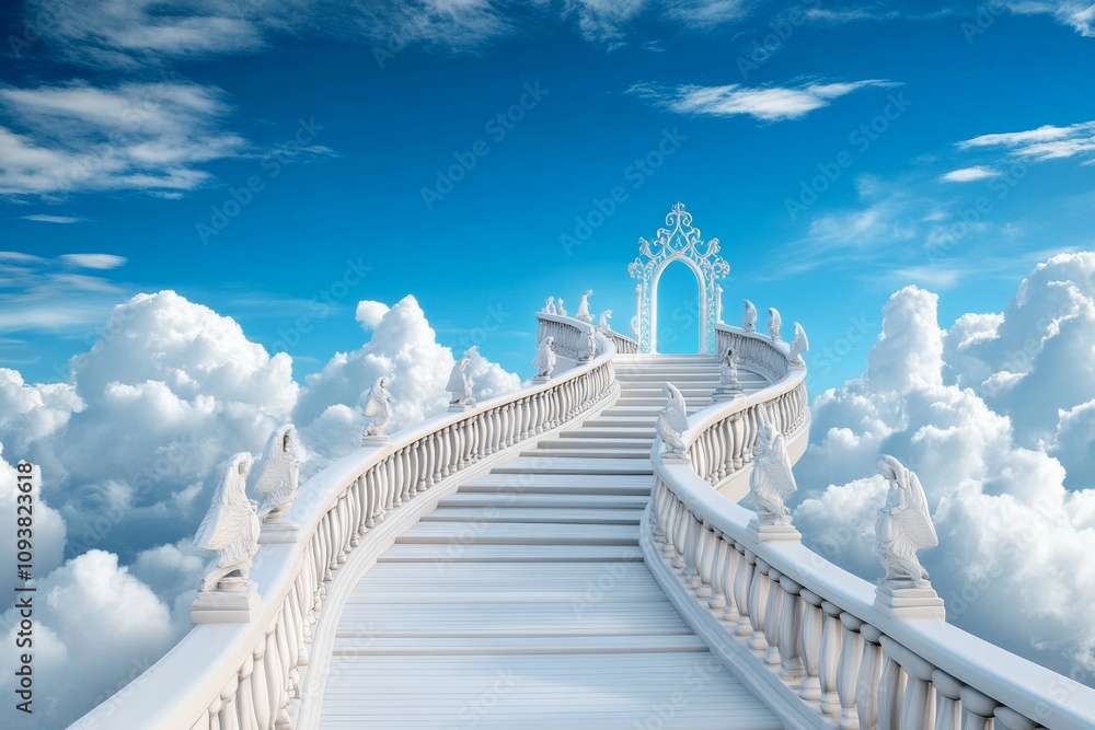 Poster a serene pathway to heaven featuring a staircase made of light and crystal-like steps, ascending thr