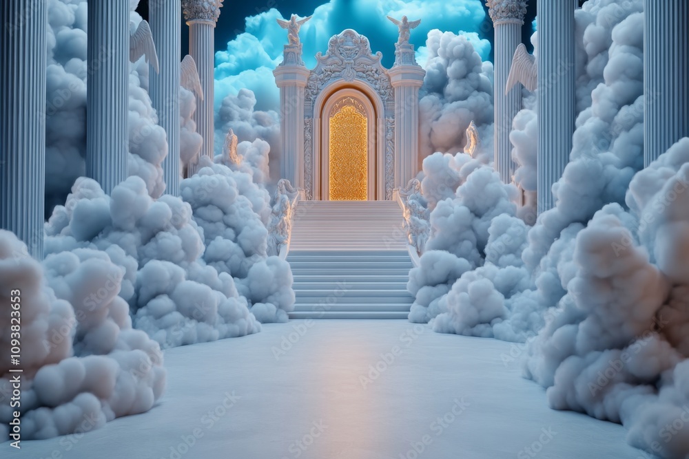 Poster a serene pathway to heaven featuring a staircase made of light and crystal-like steps, ascending thr