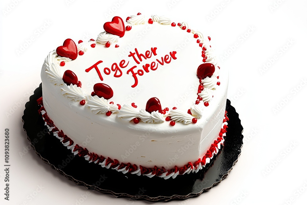 Poster a simple 2d drawing of a heart-shaped cake with the words 