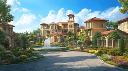 Fototapeta premium Stunning Mediterranean Villa Surrounded by Lush Gardens and Vibrant Flowers with Majestic Fountain on a Clear Blue Sky Day