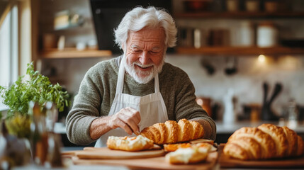 senioran man in the kitchen making croissants