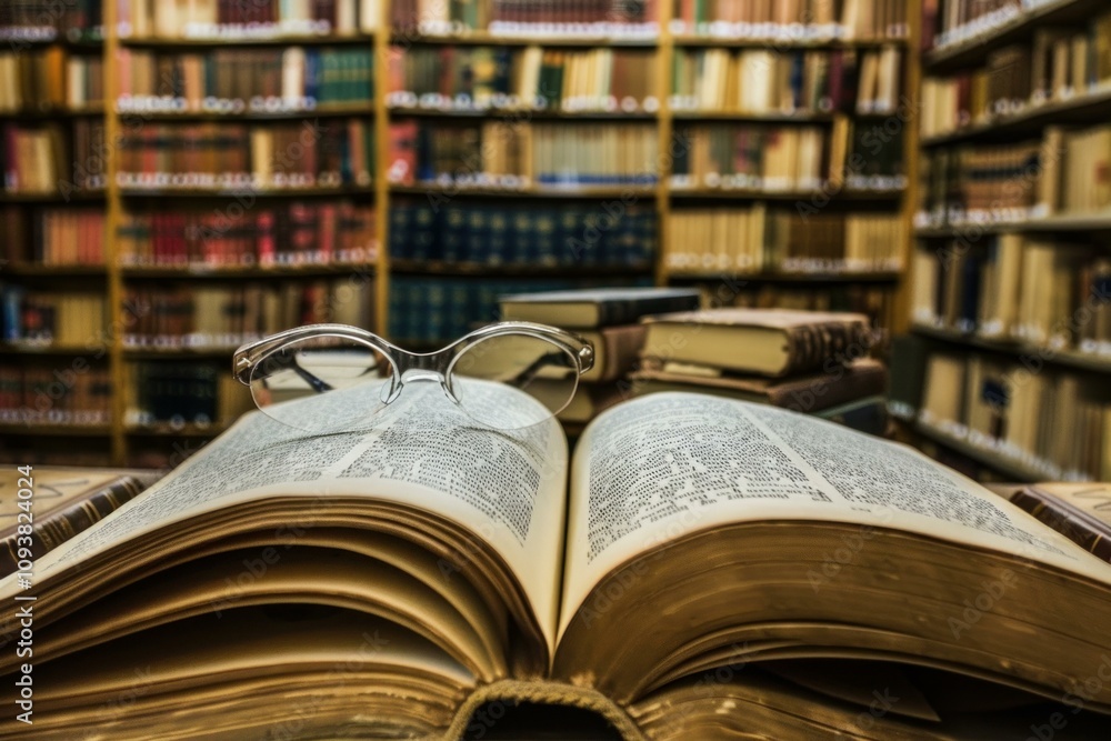Poster open book with reading glasses resting on top of it on a table in a library, surrounded by bookshelv
