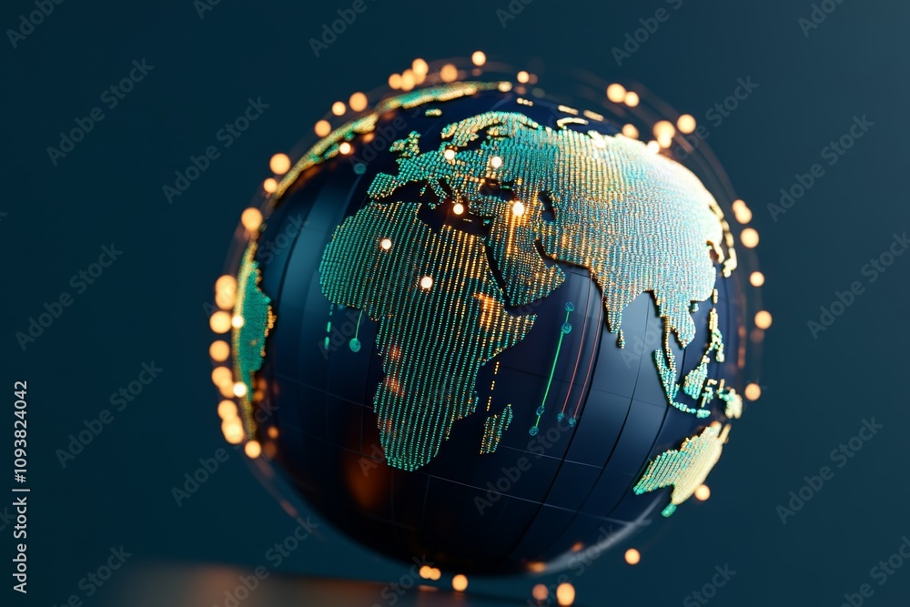 Poster a vibrant 3d illustration of interconnected data points forming a globe, with charts and graphs orbi