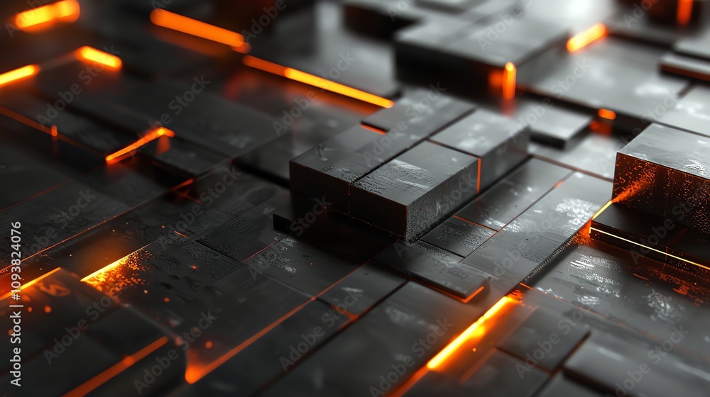Poster an abstract background with a grid of dark metal blocks with glowing orange edges.