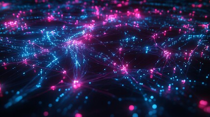 Naklejka premium Futuristic Neon Network with Glowing Pink and Blue Nodes Connected by Digital Lines Representing Technology, Communication, and Data Systems