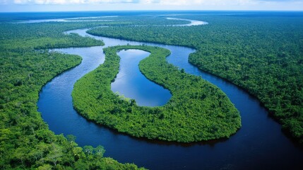 Lush Green Wilderness with Meandering River Surrounded by Dense Forest and Vibrant Vegetation Under Clear Blue Sky in Scenic Tropical Landscape