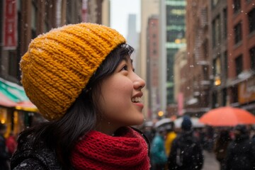 Young asian female enjoying snowfall in urban city street