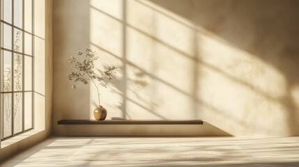 Serene Minimalist Interior with Natural Light and Decorative Plant in Elegant Vase on Simple Wooden Shelf by Bright Window in Warm Toned Room