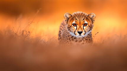 Fototapeta premium Majestic cheetah gazing intently, showcasing its striking features and vibrant fur in warm, golden landscape. scene captures essence of wild beauty and grace