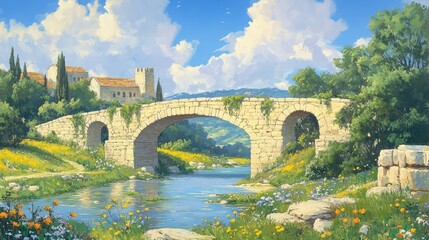 Fototapeta premium Serene Rustic Landscape with Stone Bridge Over Tranquil River Surrounded by Lush Greenery, Wildflowers, and Charming Historic Architecture in the Background