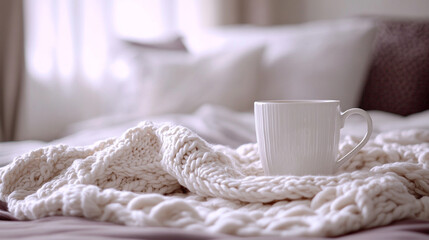 cozy white pillow and blanket arranged neatly on a bed, creating a serene, peaceful atmosphere in the morning light, inviting rest and comfort