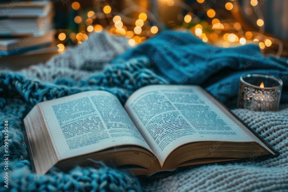 Aufkleber open book lying on a knitted blanket with a lit candle and string lights in the background, creating