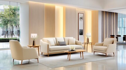 Elegant Minimalist Living Room with Warm Ambient Lighting and Natural Wood Accents