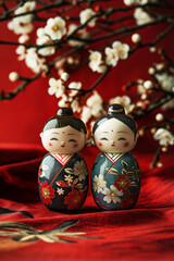 Fototapeta premium Delicate hinamatsuri dolls arranged on red fabric with soft lighting emphasizing their beauty