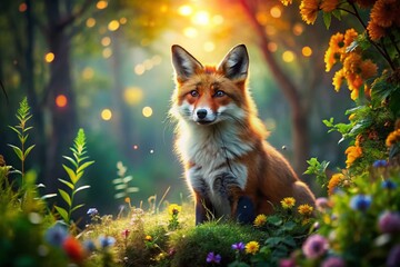 Obraz premium Captivating Red Fox Amidst a Dreamy Forest Landscape with Bokeh Effect, Showcasing Nature's Beauty and Wildlife in a Serene and Enchanting Environment