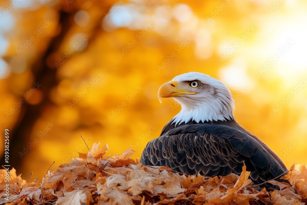 Poster an american eagle resting on a tree branch with autumn leaves, surrounded by warm golden light