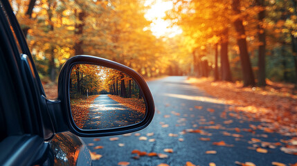 Reflection of a sunny autumn road in a car's side mirror with vibrant fall foliage showing the journey ahead captured in the rearview mirror symbolizing nostalgia and looking back while moving forward