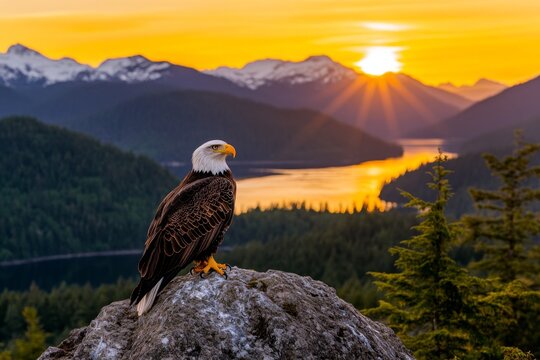 An American eagle perched on a rocky outcrop, with a vibrant sunset illuminating the background