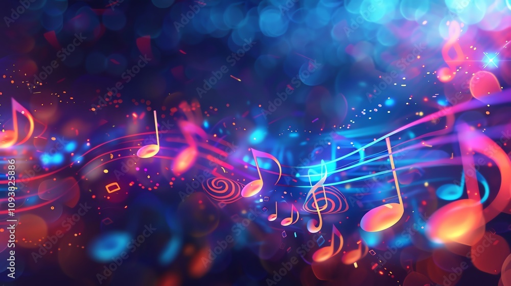 Poster a colorful, abstract background with glowing musical notes and lines, creating a dynamic and energet