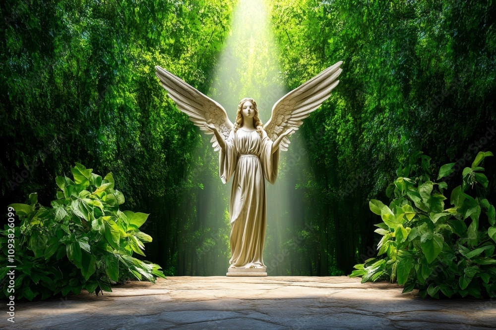 Poster angel ascending through a beam of light in a dark forest, creating an ethereal and hopeful ambiance