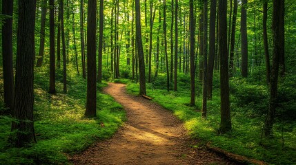 Fototapeta premium A scenic wilderness trail winding through dense forests, with a camper walking towards an adventure. 