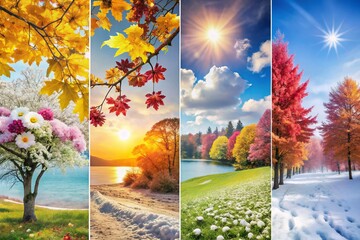 Captivating Seasonal Landscape Depicting Four Distinct Seasons with Lush Colors and Textures, Featuring Autumn Leaves, Winter Snow, Spring Blossoms, and Summer Sunlight in a Tranquil Setting