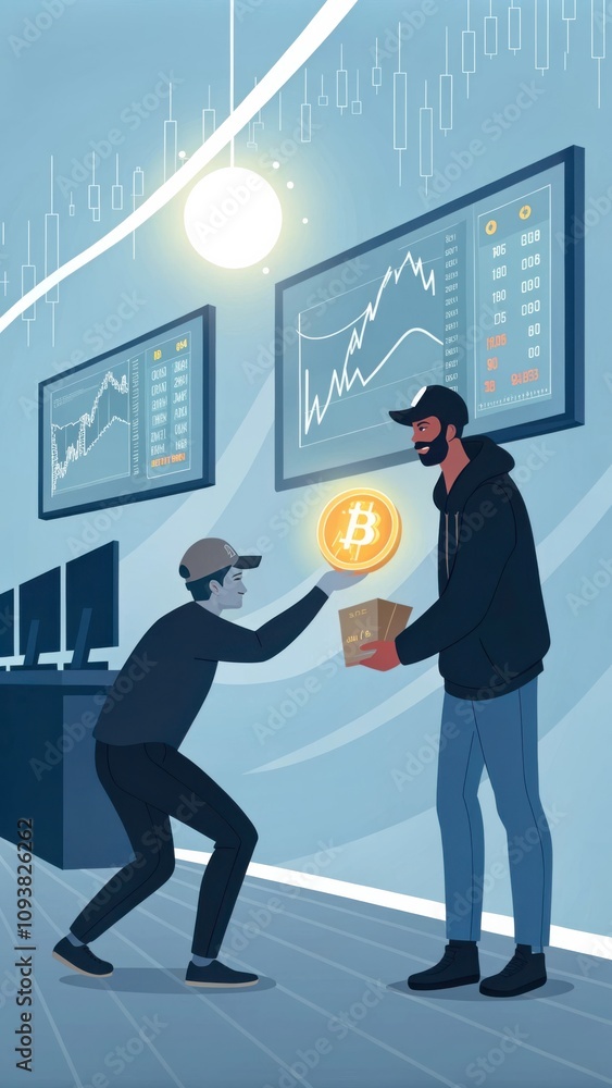 Poster man conducting bitcoin transaction in a modern financial setting. generative ai