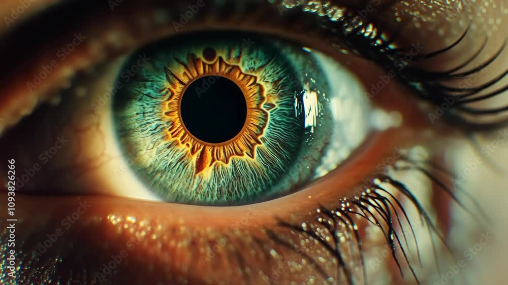 Poster close-up view of a vibrant human eye with intricate patterns and colors showcasing unique iris detai