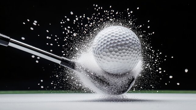 Dynamic freeze-frame of a golf club hitting a golf ball, impact explosion with grass flying, high-speed clarity, detailed dimples