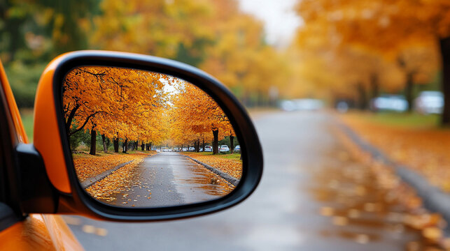 Reflection of a sunny autumn road in a car's side mirror with vibrant fall foliage showing the journey ahead captured in the rearview mirror symbolizing nostalgia and looking back while moving forward