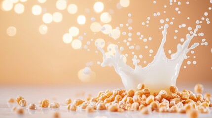 Playful milk splash above cereal, morning light, fresh breakfast moment