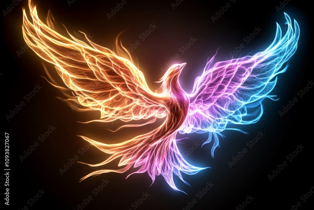 Poster Angel with translucent wings, digitally illustrated in 3D with light beams refracting through the feathers, creating a rainbow effect