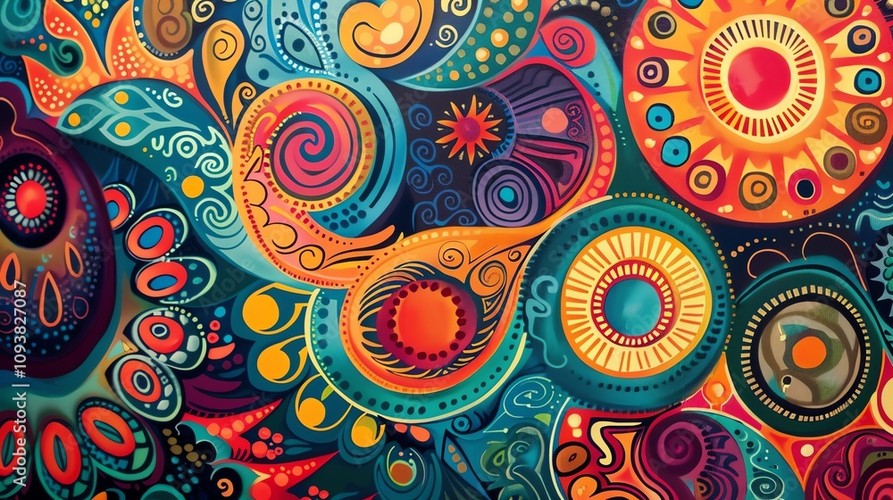 Poster a colorful abstract pattern with swirls, dots, and circles.